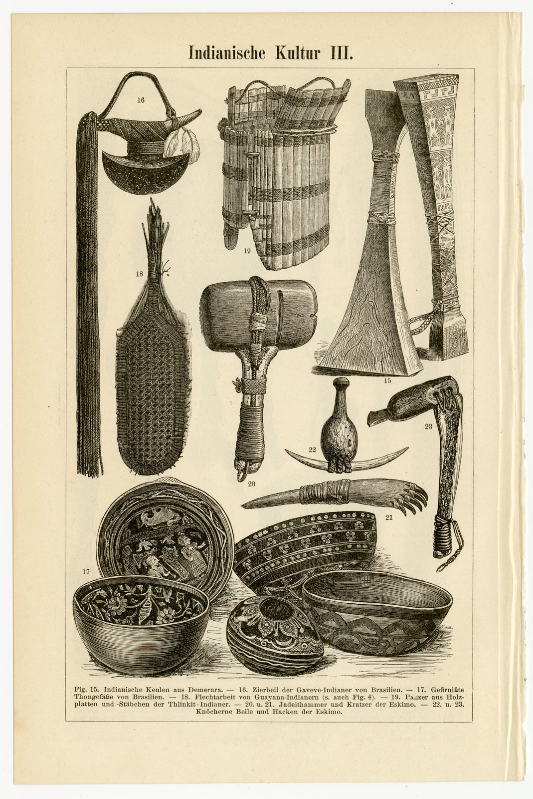 Indianische Kultur II - III ca 1895 historische Bildtafel Holzstich