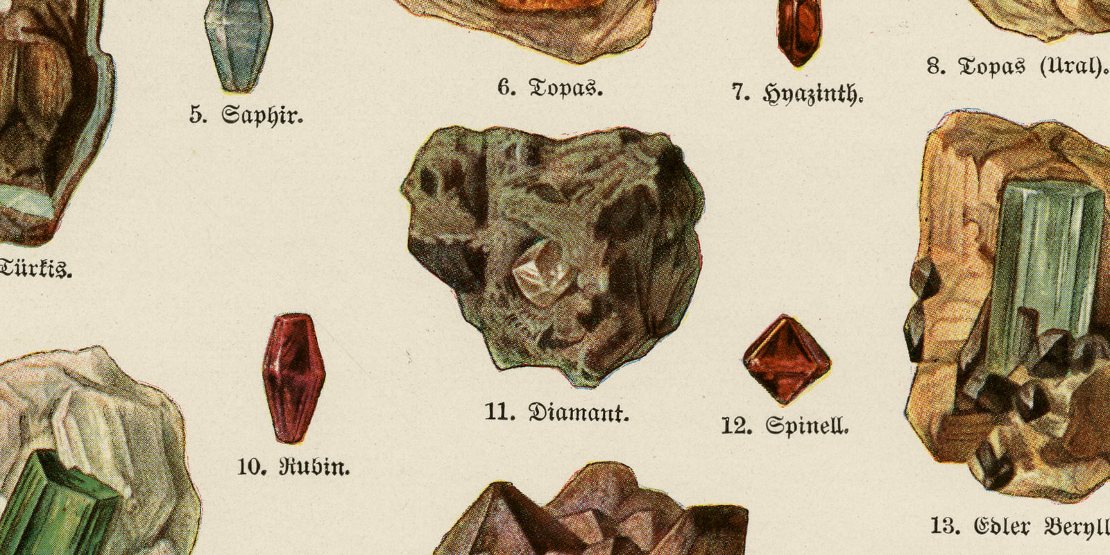Edelsteine ca 1925 historische Bildtafel Chromotypie