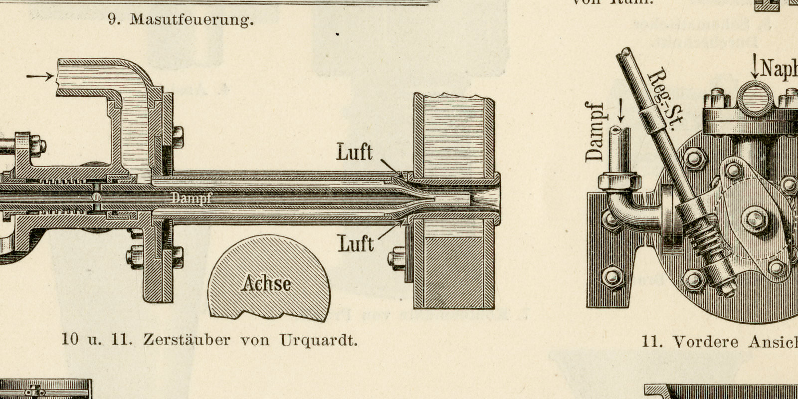 Feuerungsanlagen I - II ca 1898 historische Bildtafel Holzstich