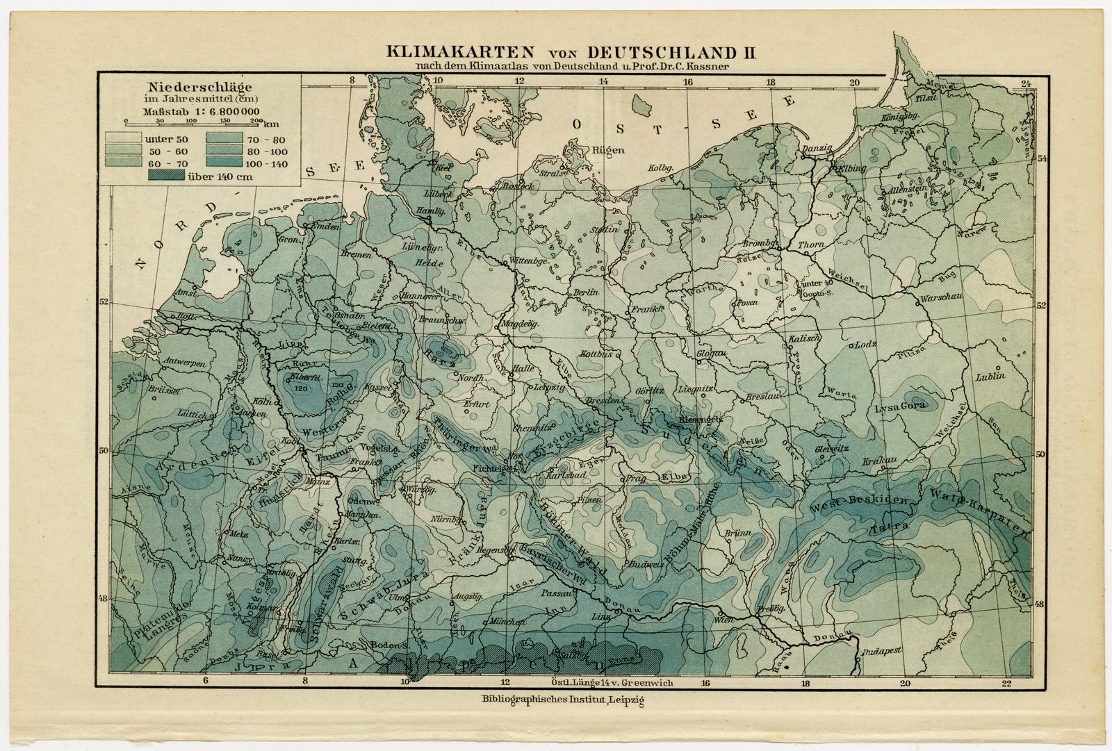 Deutschland Klimakarte ca 1925 historische Karte Lithographie