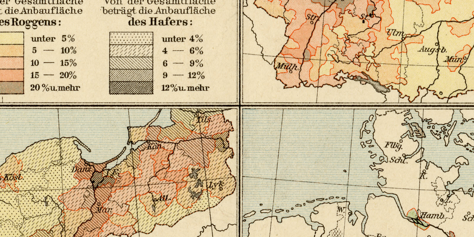 Landwirtschaft in Deutschland ca 1894 historische Karte Lithographie