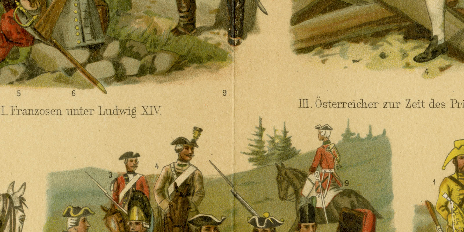 Geschichte der Uniformen I ca 1898 historische Bildtafel Chromolithographie