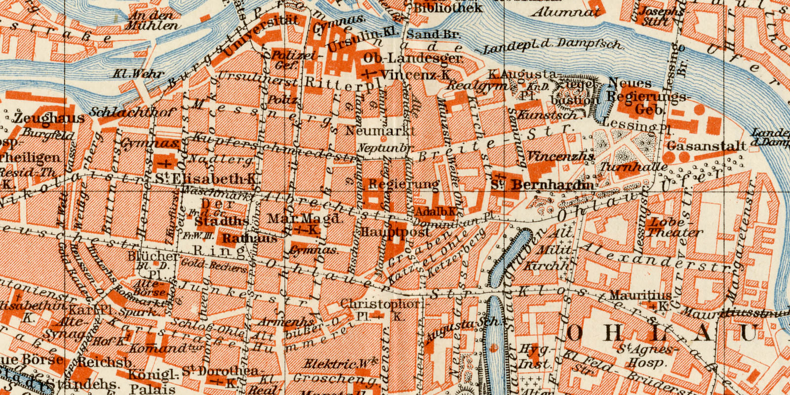 Breslau ca 1898 historischer Stadtplan Lithographie