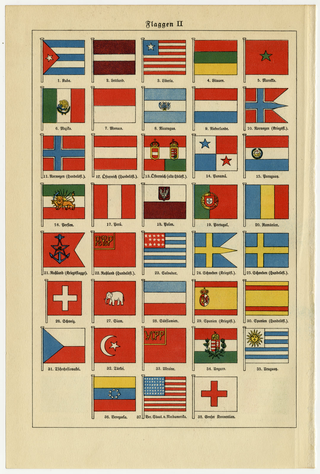 Flaggen I - II ca 1926 historische Bildtafel Lithographie