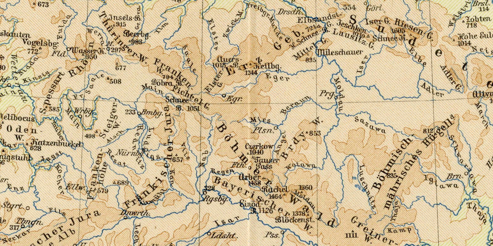 Fluss- und Gebirgskarte von Mitteleuropa ca 1898 historische Karte Lithographie