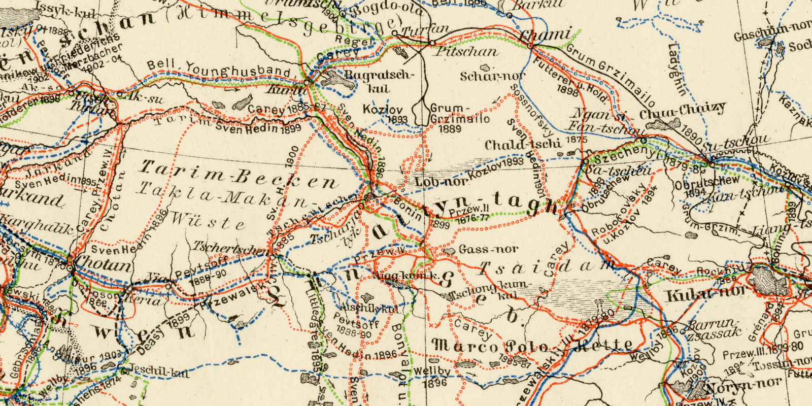Forschungsreisen in Zentralasien ca 1904 historische Karte Lithographie