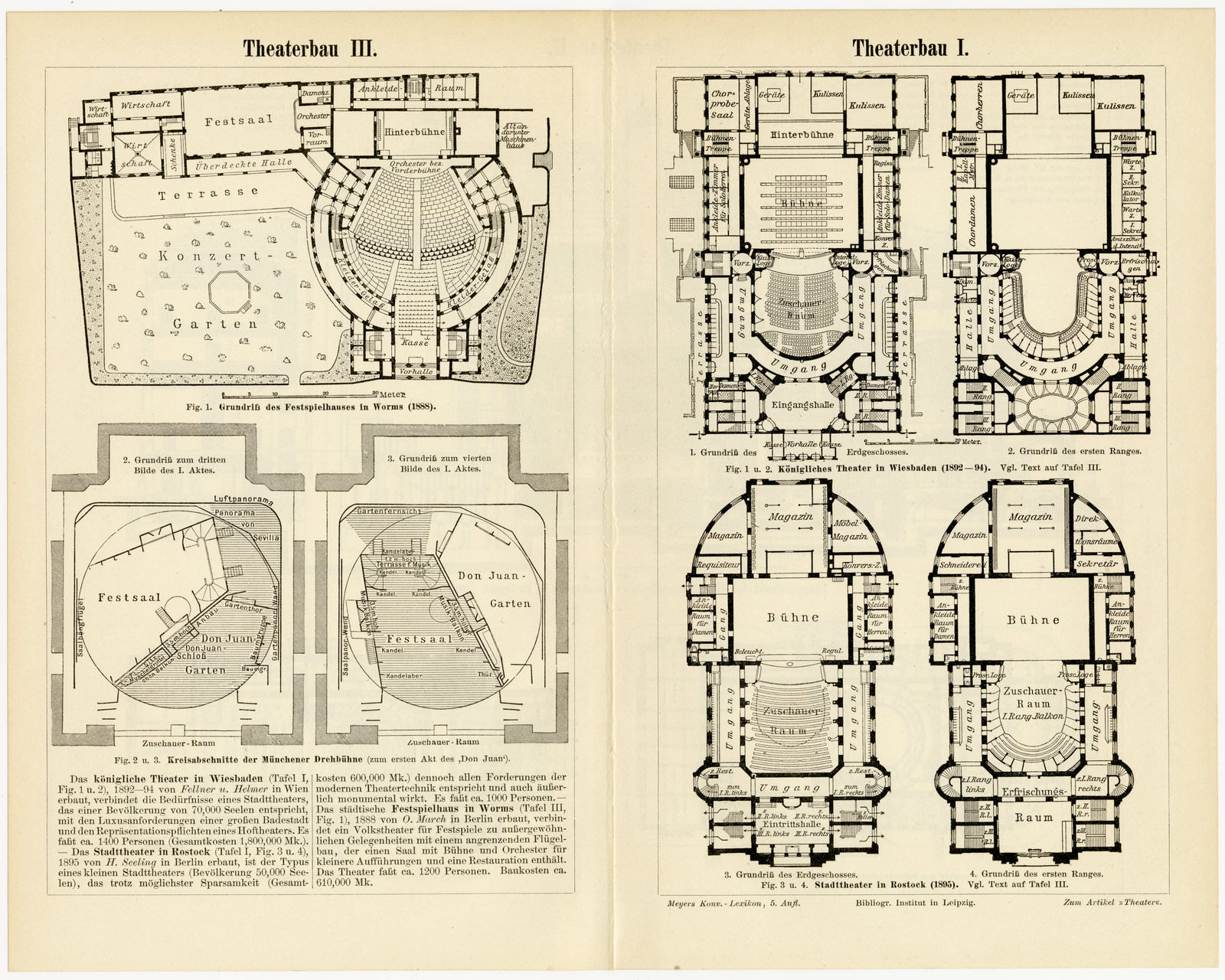 Theaterbau I - III ca 1897 historische Bildtafel Holzstich