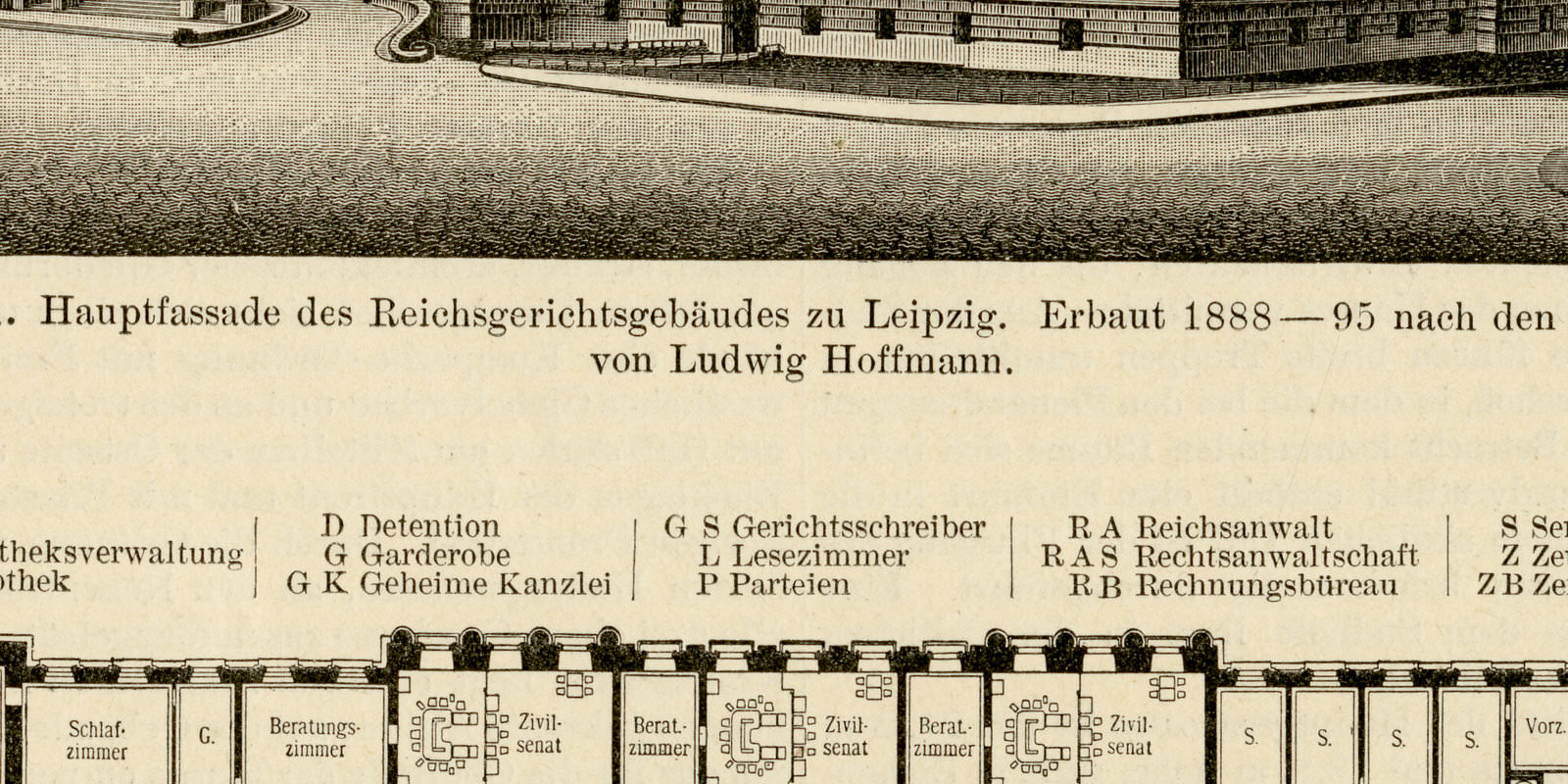 Reichgerichtsgebäude Leipzig I - II ca 1896 historische Bildtafel Holzstich