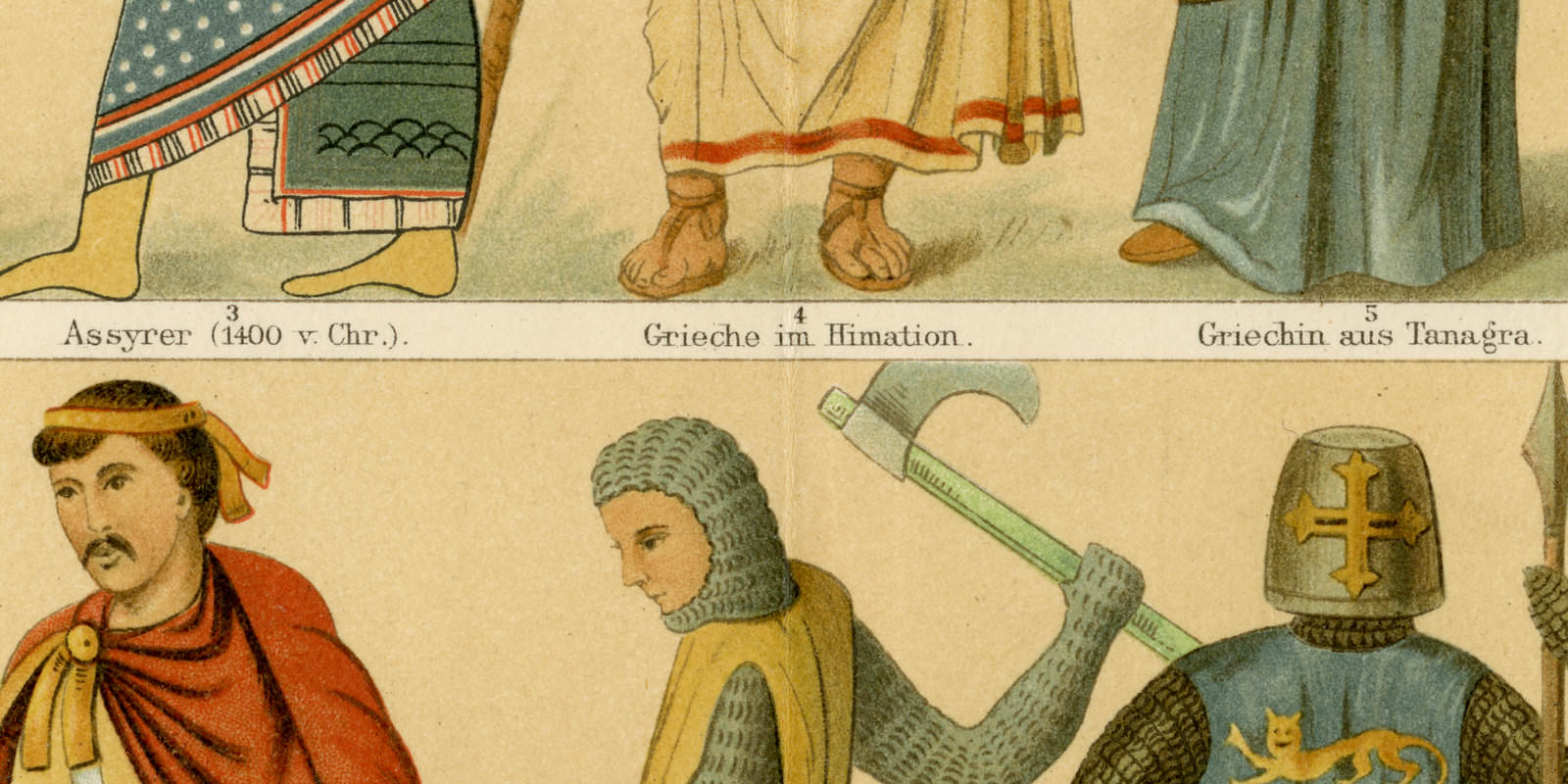 Kostüme I Altertum und Mittelalter ca 1895 historische Bildtafel Chromolithographie