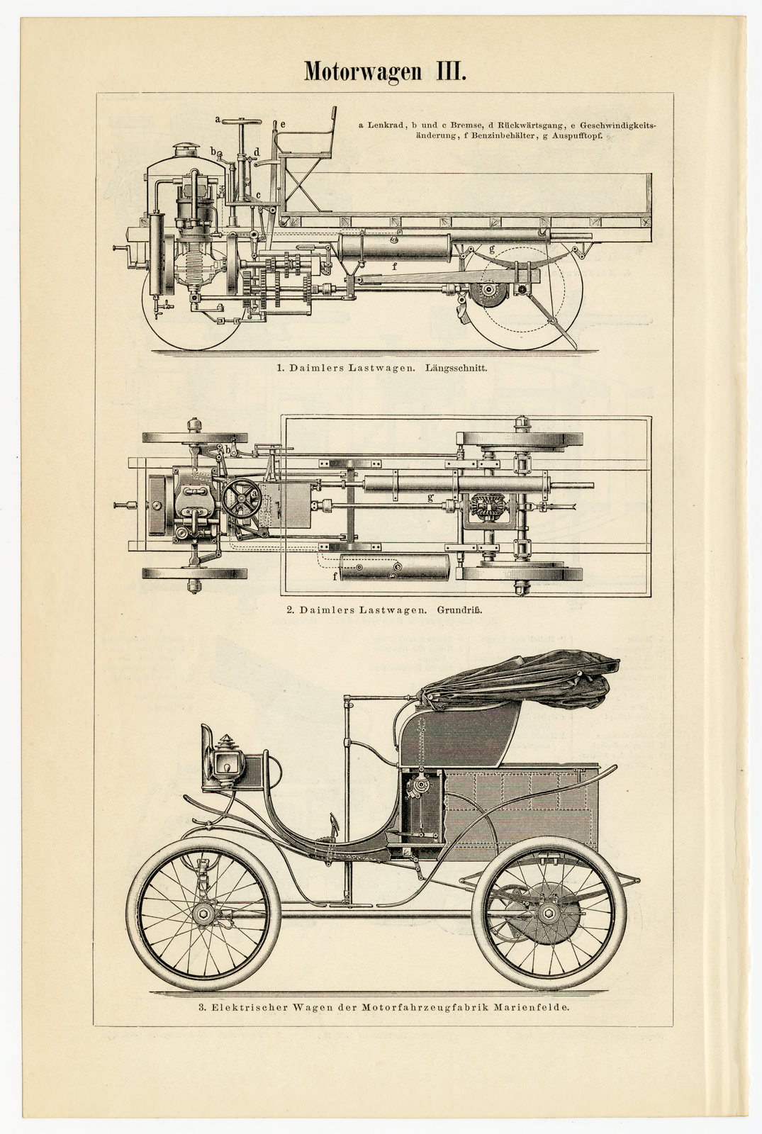 Motorwagen II - III ca 1901 historische Bildtafel Holzstich