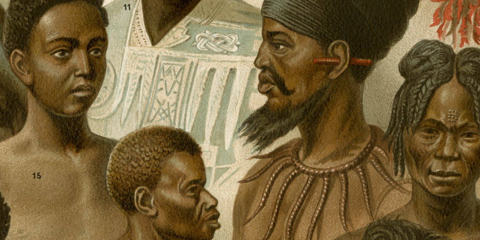 Afrikanische Völker ca 1893 historische Bildtafel Chromolithographie