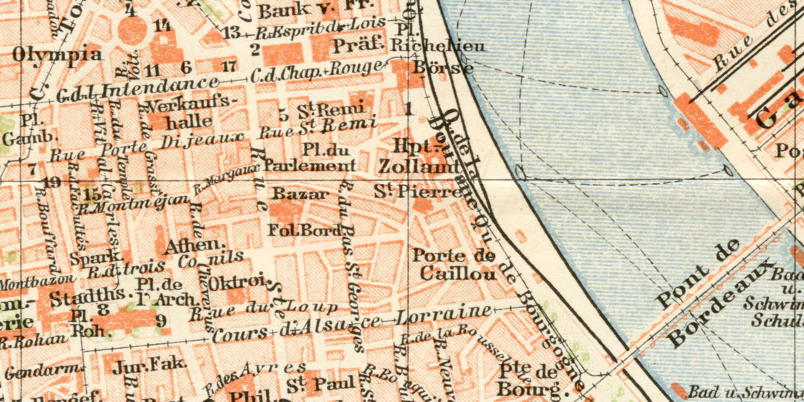Bordeaux historischer Stadtplan Karte Lithographie ca 1899
