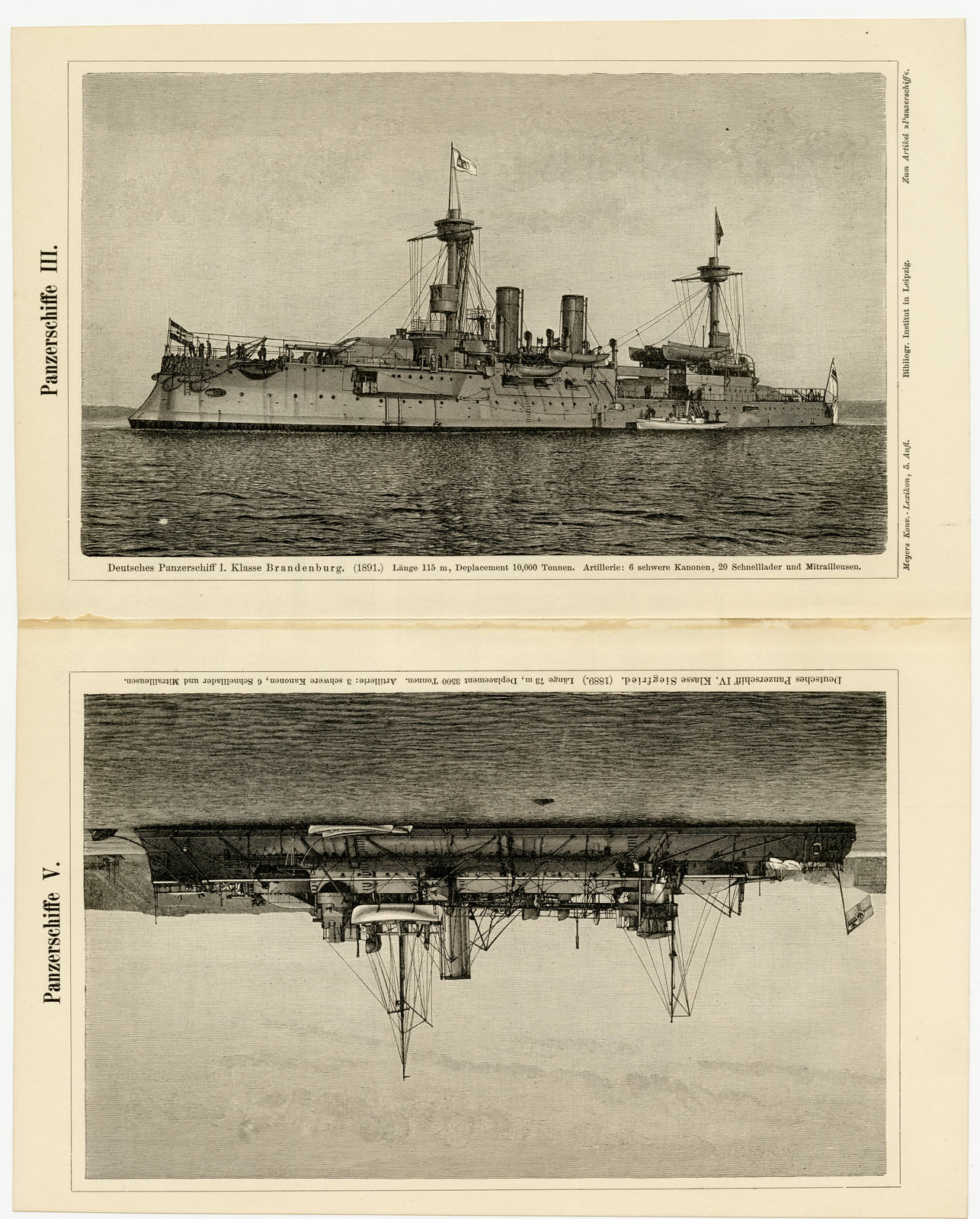 Panzerschiffe III - V ca 1896 historische Bildtafel Holzstich