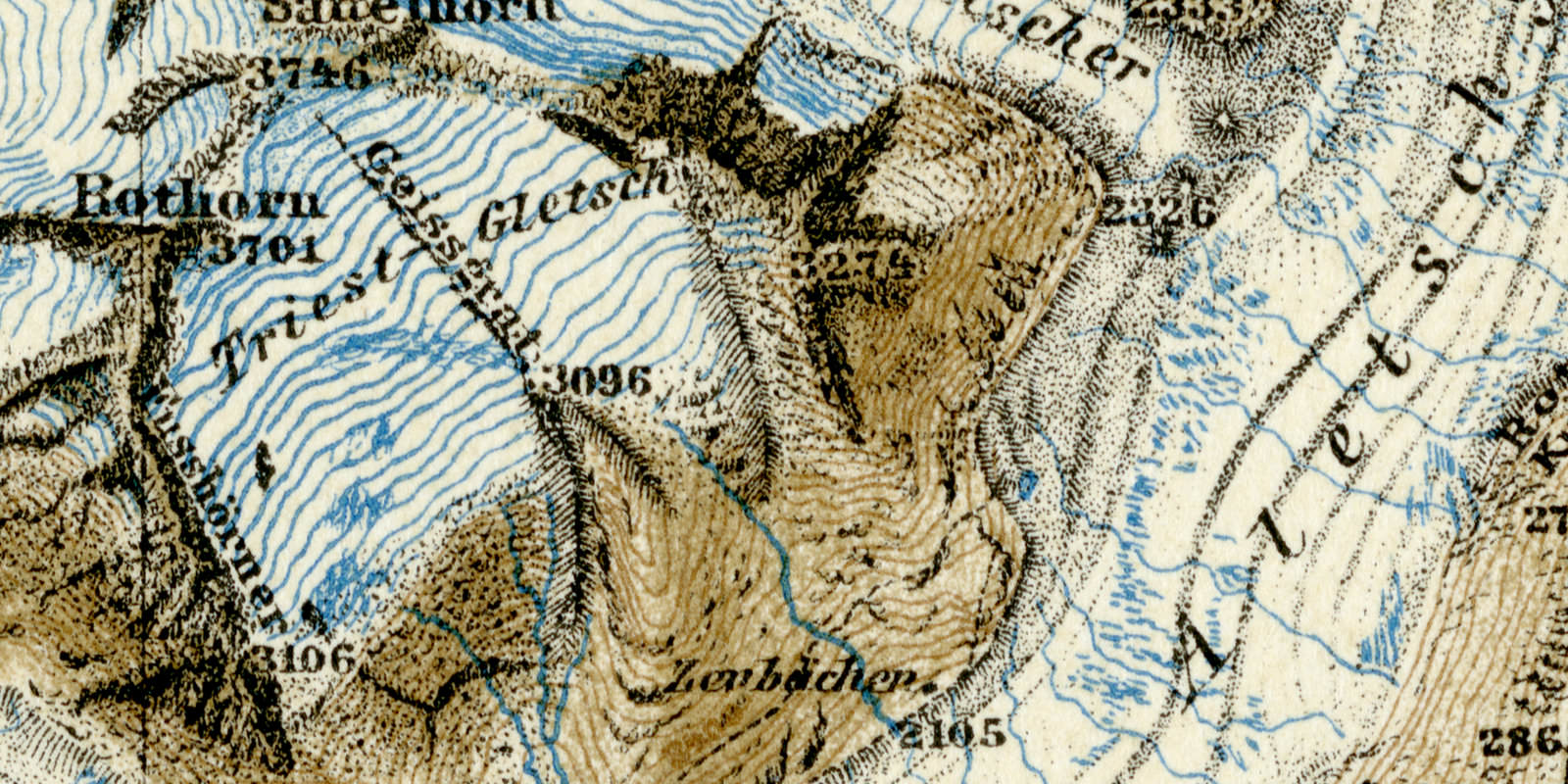 Aletschgletscher historische Landkarte Lithographie ca 1907