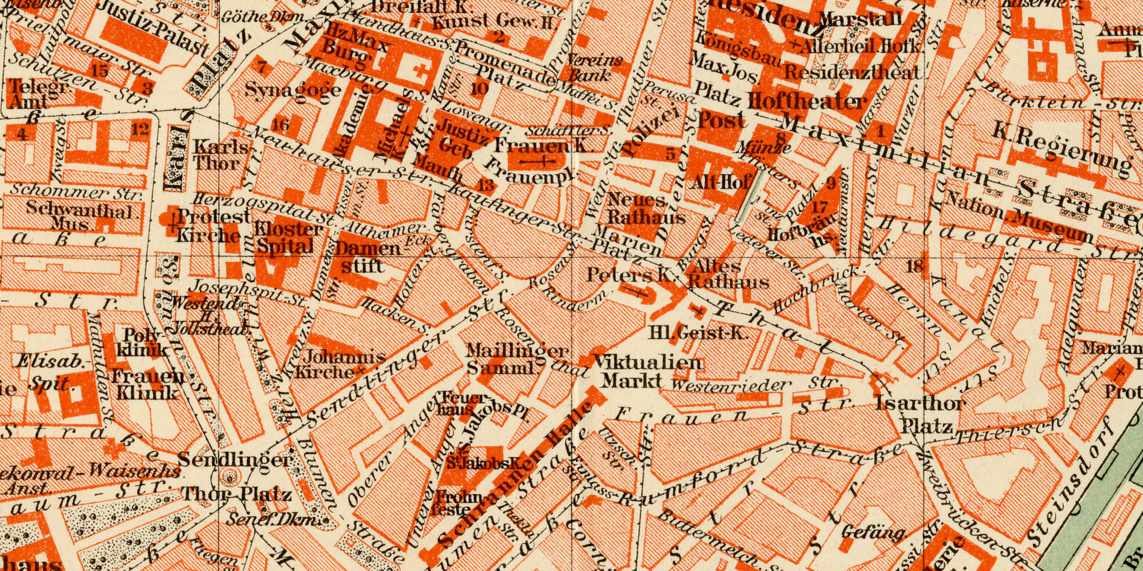 München ca 1896 historischer Stadtplan Lithographie