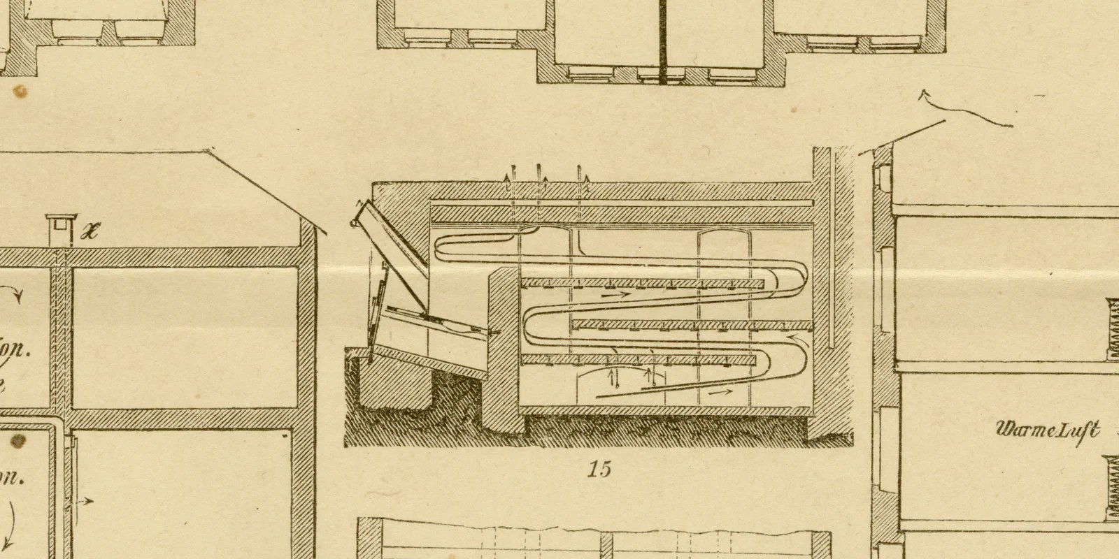Heizung ca 1884 historische Grafik Holzstich