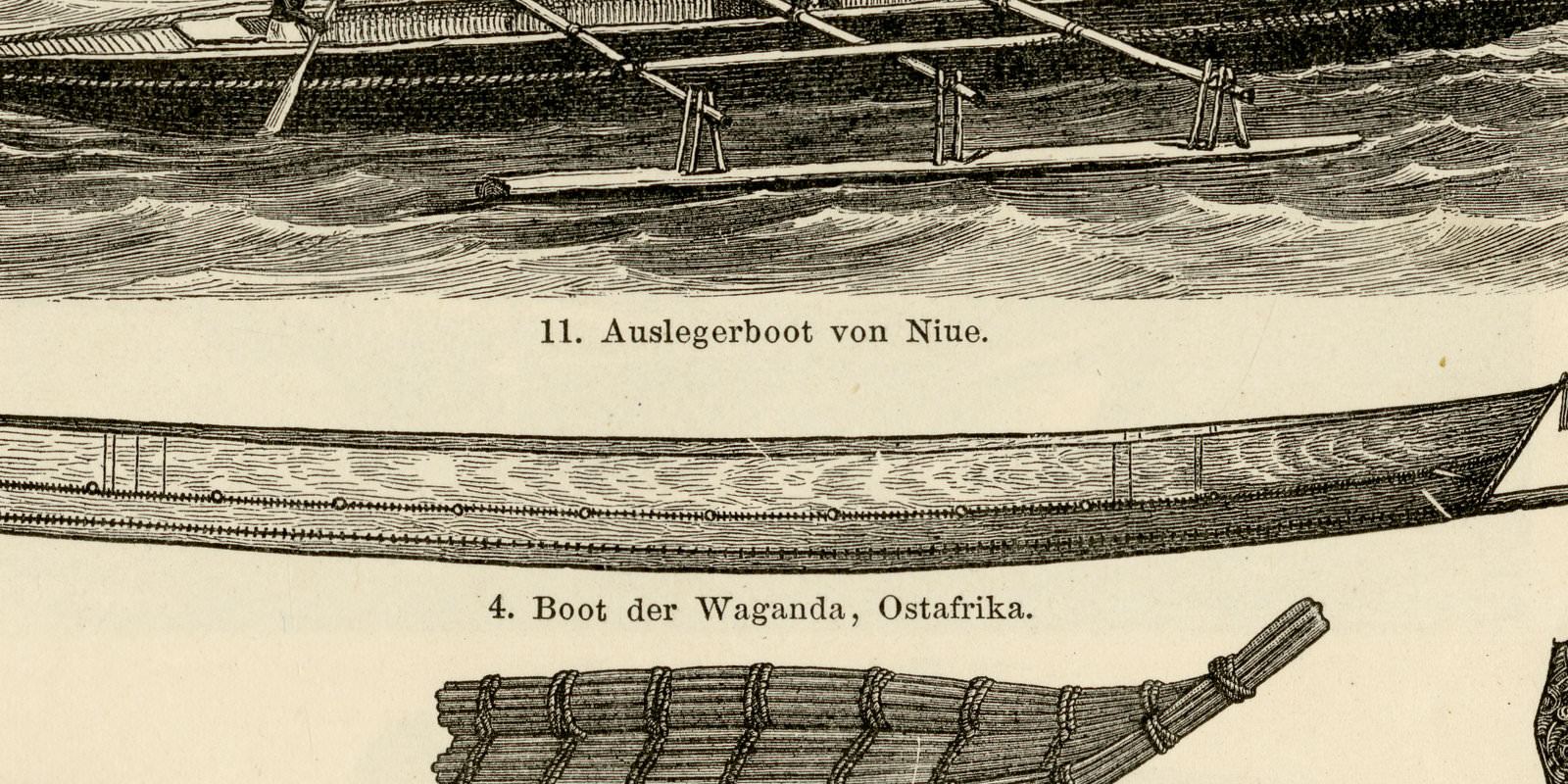 Schiffsfahrzeufge der Naturvölker ca 1900 historische Bildtafel Holzstich