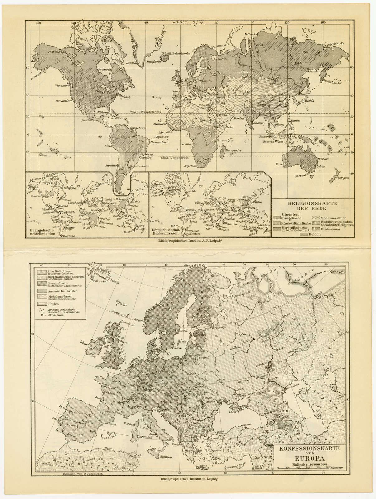 Konfessionen im Deutschen Reich ca 1929 historische Karte Lithographie