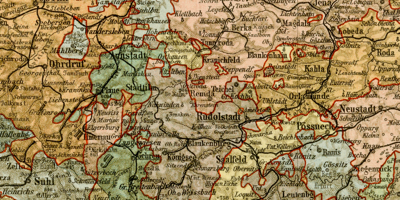Sächsische Herzogtümer Fürstentümer Schwarzburg Reuss Landkarte ca 1901 historische Karte Lithographie