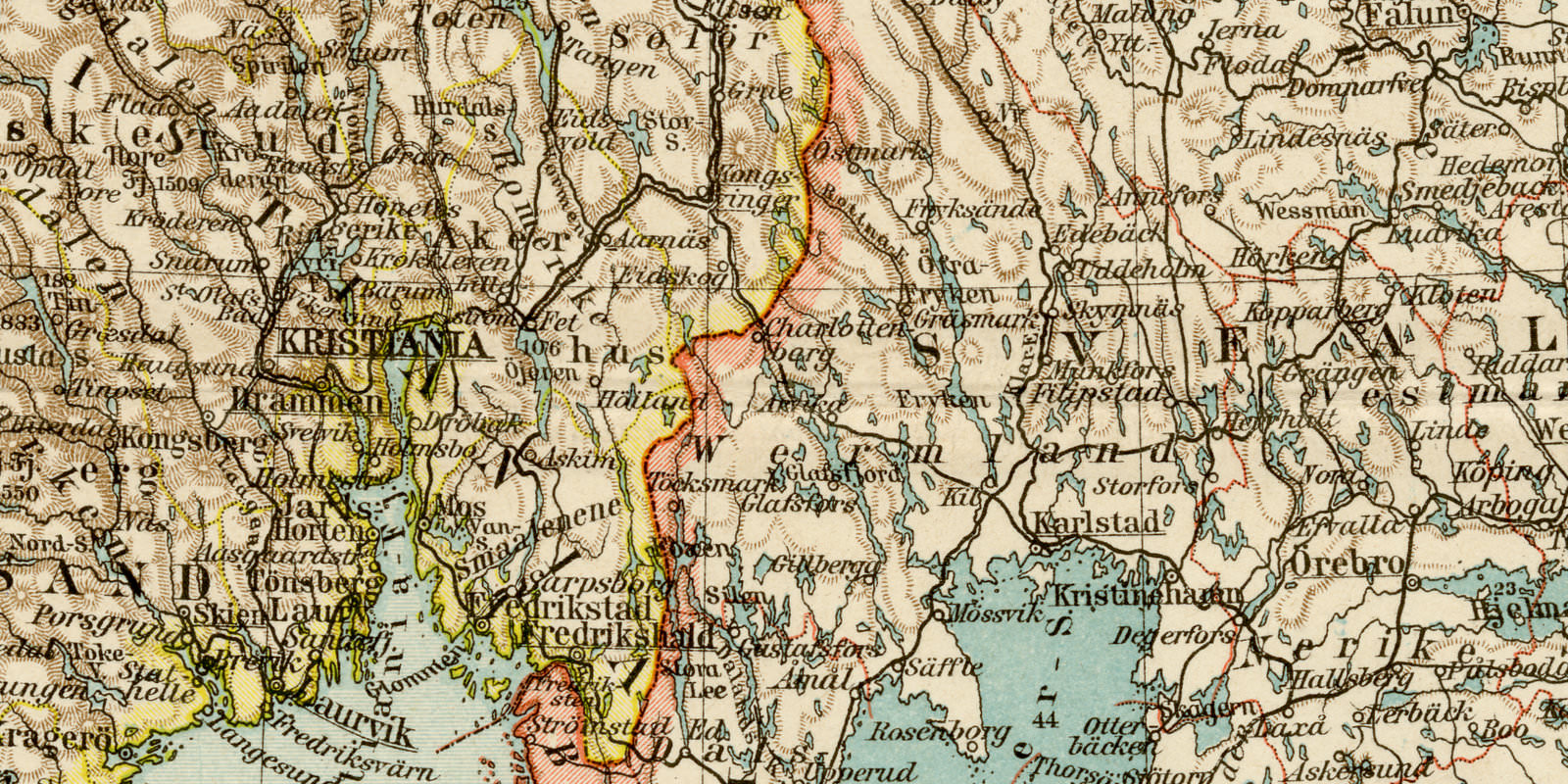 Schweden und Norwegen Südlicher Teil ca 1899 historische Karte Lithographie