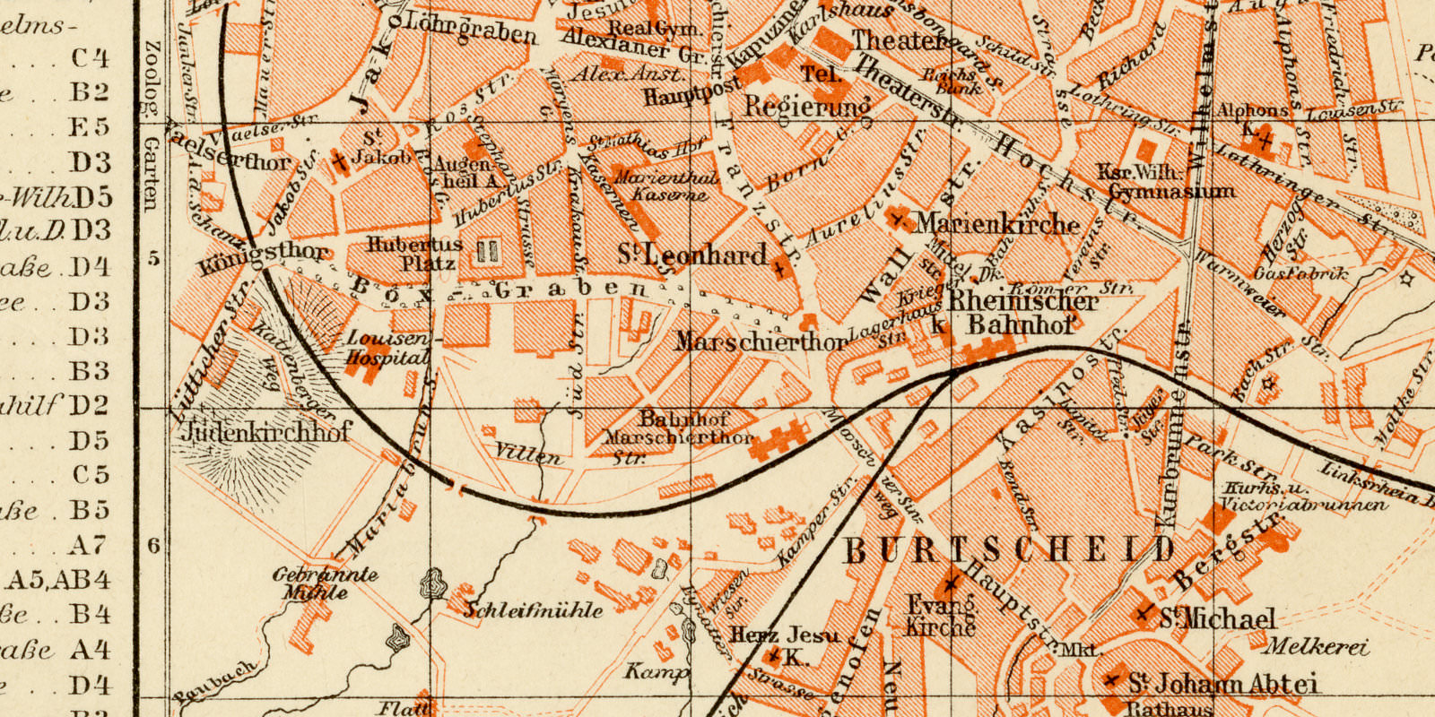 Aachen ca 1898 historischer Stadtplan Lithographie