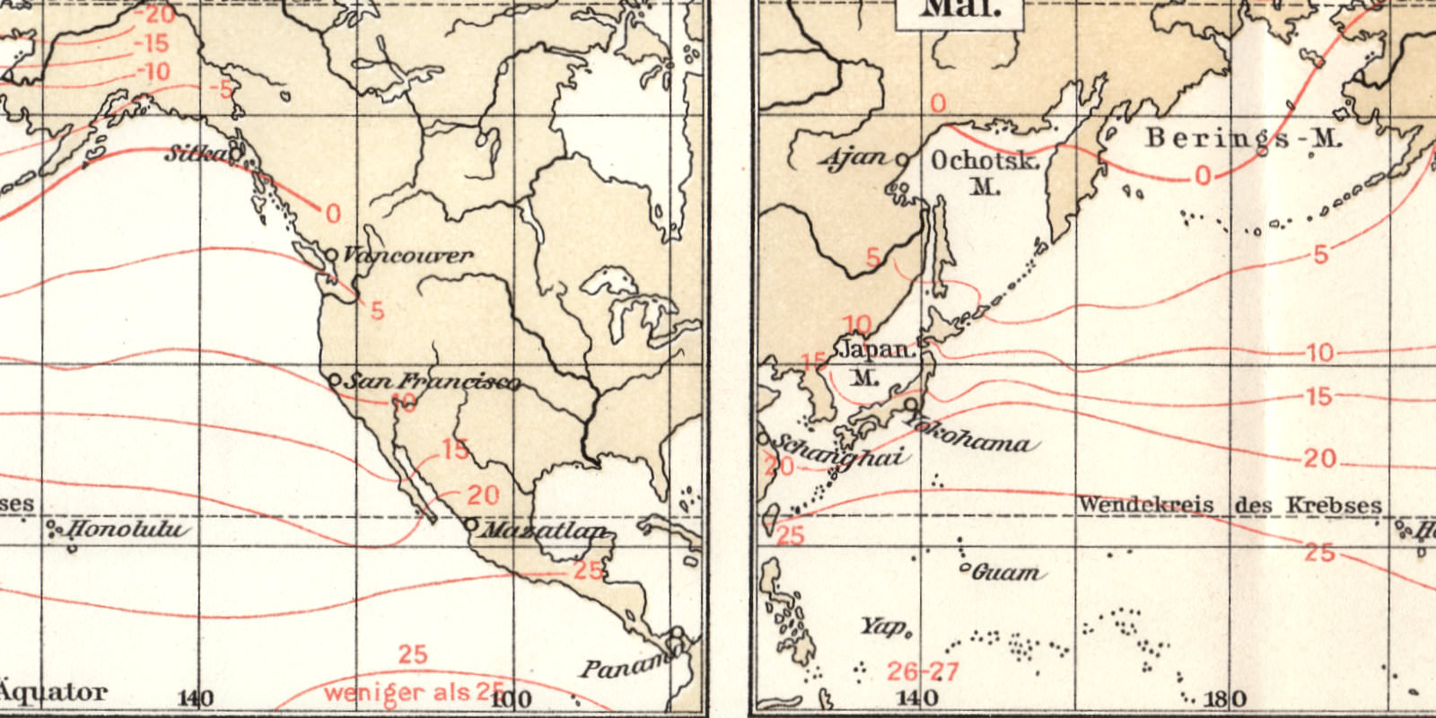Nördlicher Stiller Ozean Winde und Temperaturen historische Landkarte Lithographie ca 1913