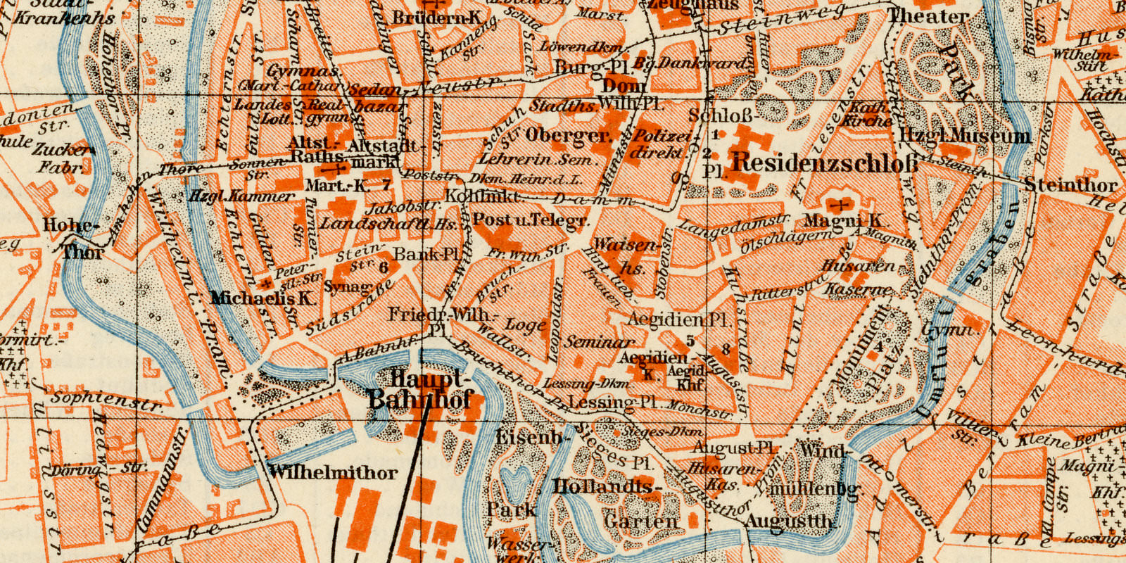Braunschweig ca 1893 historischer Stadtplan Lithographie