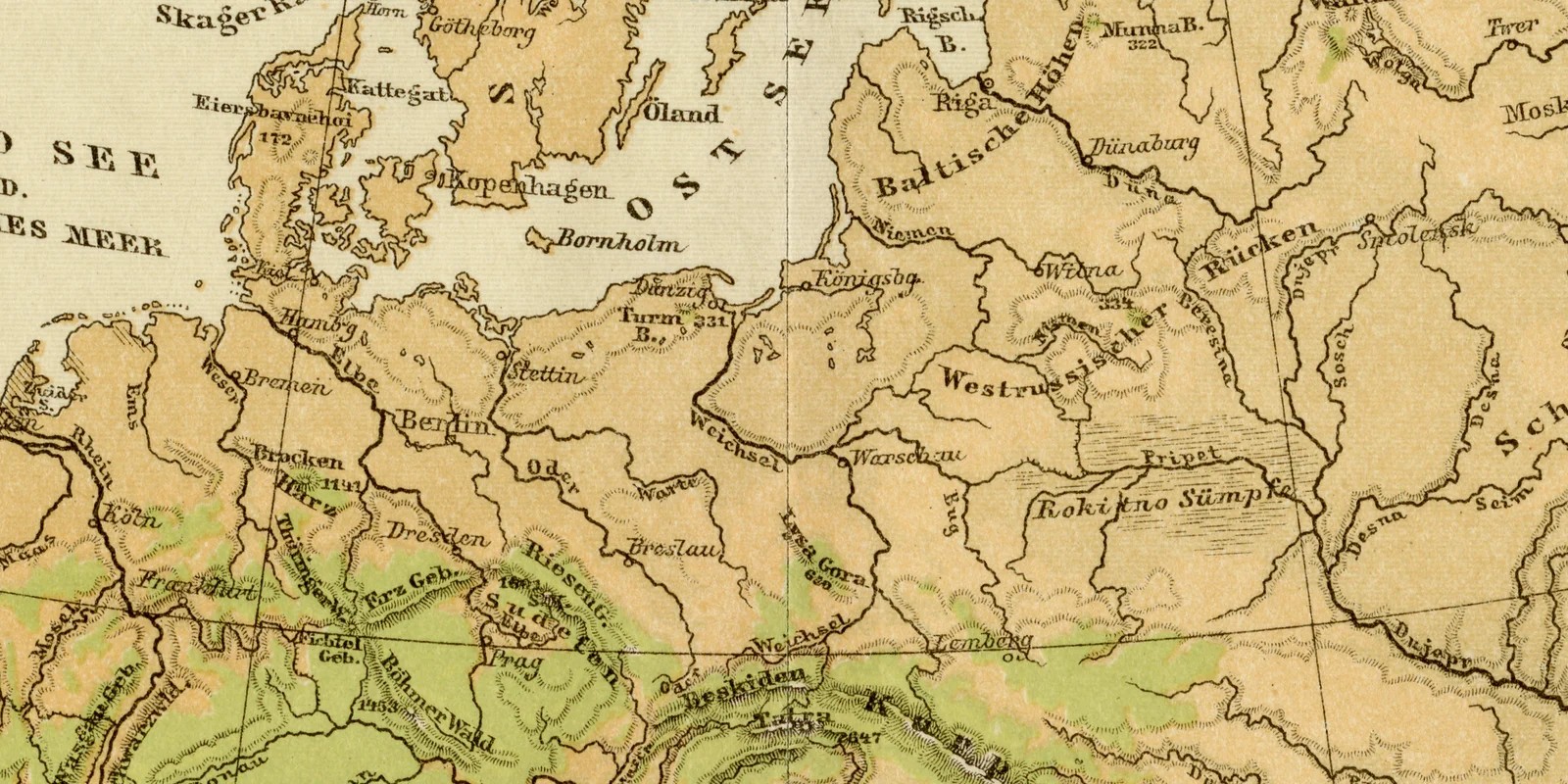 Europa physikalisch ca 1883 historische Karte Lithographie