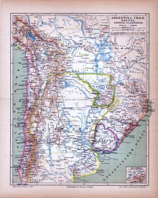 Argentina Chile Bolivia Uruguay und Paraguay Landkarte ca. 1885 Original der Zeit