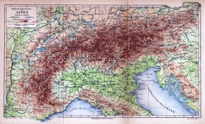 H&ouml;henschichten der Alpen Landkarte ca. 1885 Original der Zeit