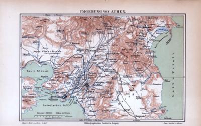 Umgebung von Athen Landkarte ca. 1885 Original der Zeit