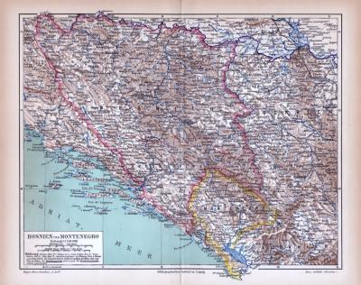 Bosnien und Montenegro Landkarte ca. 1885 Original der Zeit