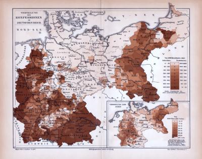 Deutsches Reich Karte Verteilung der Konfessionen ca. 1885 Original der Zeit