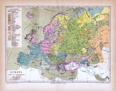 Europa Landkarte V&ouml;lker- und Sprachenkarte ca. 1885 Original der Zeit