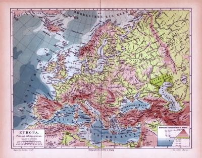 Europa Landkarte Flu&szlig;- und Gebirgssysteme ca. 1885 Original der Zeit