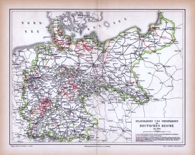 Deutsches Reich Landkarte Staatsbahnen und Privatbahnen ca. 1885 Original der Zeit