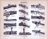 Stich aus 1885 zeigt verschiedene Handfeuerwaffen und technische Illustrationen dazu.