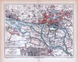 Farbige Lithographie einer Umgebungskarte von Hamburg aus 1885. Maßstab 1 zu 85.000.