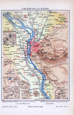 Farbig illustrierte Landkarte der Umgebung von Kairo aus 1885 im Maßstab von 1 zu 200.000.