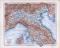 Farbige Illustration einer Landkarte aus 1885 der Nordhälfte Italiens. Maßstab 1 zu 2.500.000.