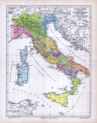 Italien Zeit Kaiser Augustus Landkarte ca. 1885 Original der Zeit