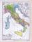 Farbige Illustration von 1885 zeigt eine historisch politischen Landkarte Italiens bis in die Zeit von Kaiser Augustus.