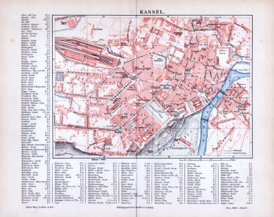 Farbig illustrierter Stadtplan von Kassel aus 1885 im Maßstab 1 : 9.000 inklusive Straßenverzeichnis.