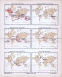 Illustration von 6 Weltkarten aus 1885, zeigt Kolonialgebiete europäischer Länder.