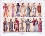 Chromolithographie aus 1885 zeigt verschiedene Arten von Kostümen aus Altertum und Mittelalter.
