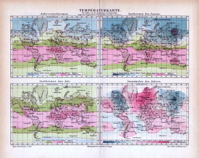 4 farbig illustrierte Weltkarten aus 1885 zeigen jahreszeitliche Temperaturverteilung.