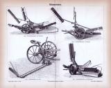 Stich aus 1885 zeigt verschiedene Arten von Mähmaschinen.