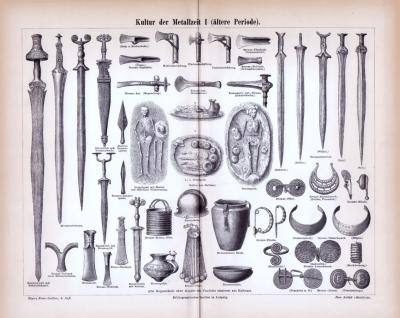 Stich aus 1885 zeigt Waffen und Kulturobjekte aus der älteren Periode der Metallzeit.