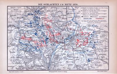 Farbige Illustration aus 1885 einer Militärkarte der Schlachten um Metz im Jahr 1870.