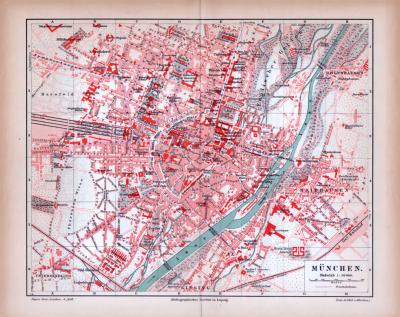 Farbig illustrierter Stadtplan von München aus 1885 im Maßstab von 1 zu 20.000.